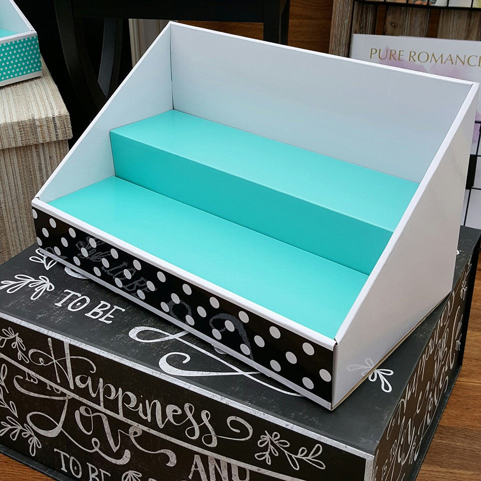 Cardboard Display - White Display with Teal Insert - Polka Dot Design