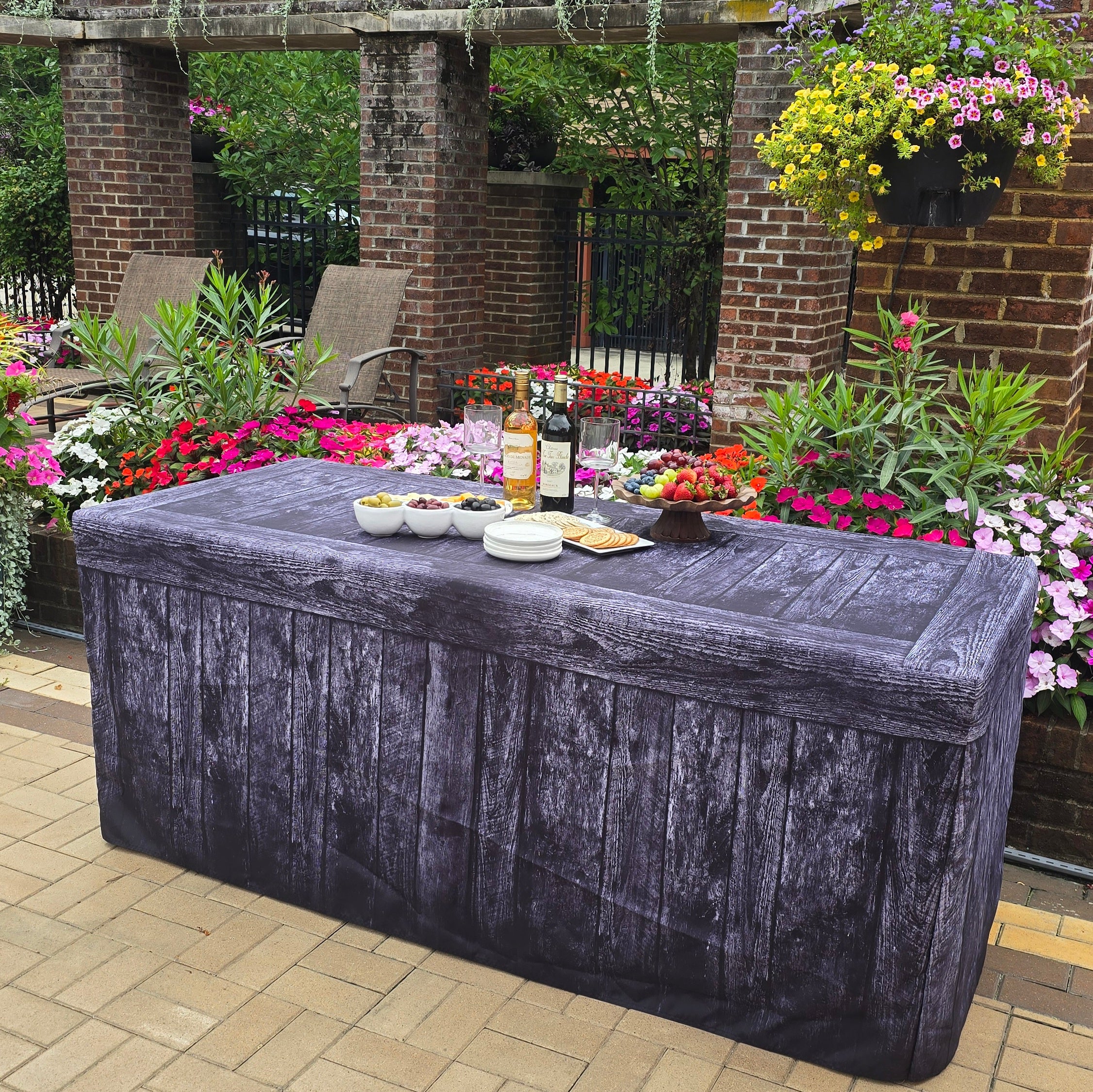 Black Wood Fabric Fitted Table Cover for folding tables at events, craft shows, weddings or farmer's markets.