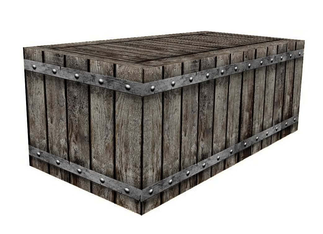 Mockup picture of a table cover that looks like real reclaimed wood with metal rivets. New table cover design from Stack Displays.