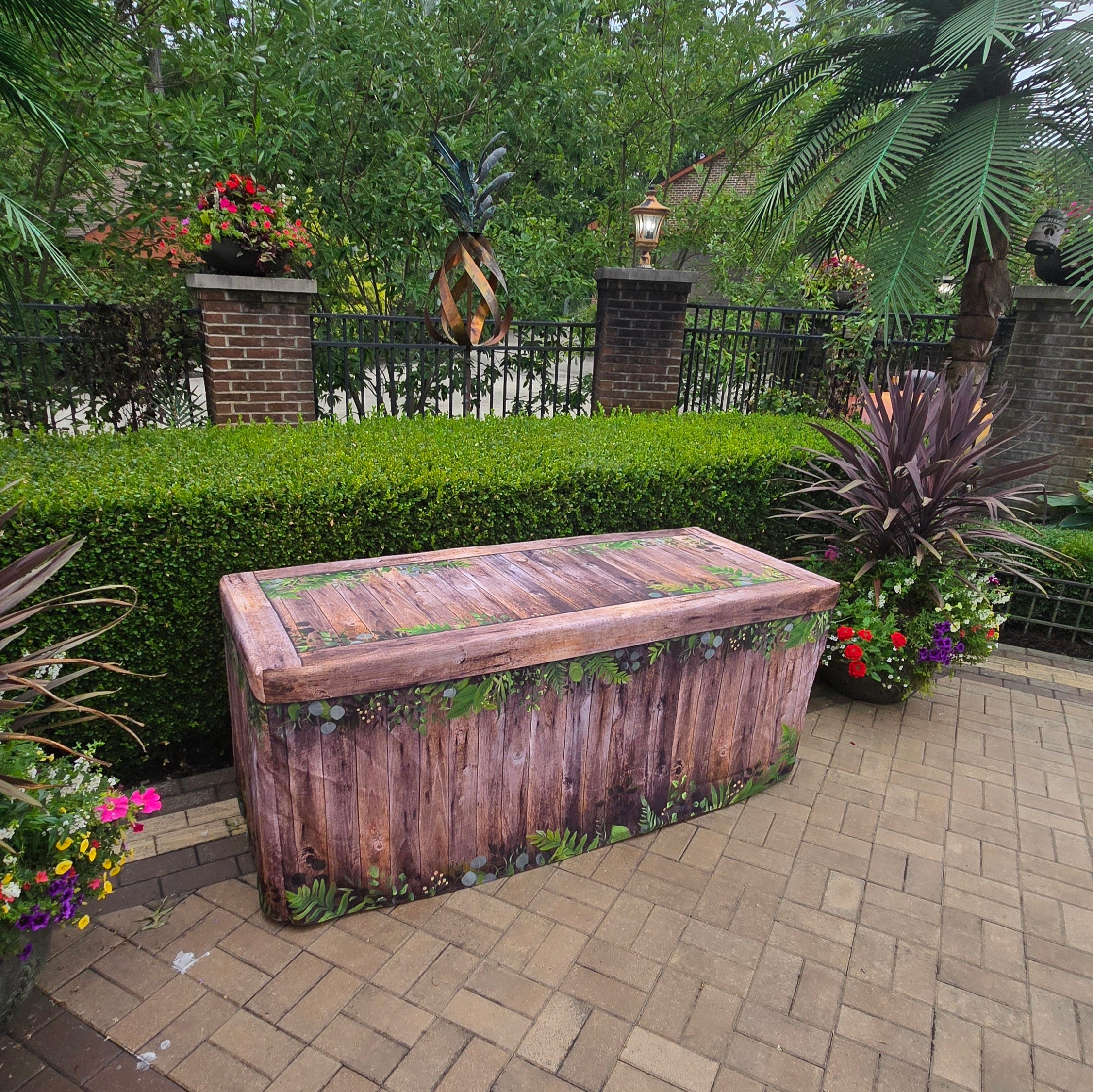 Faux Wood Fitted Table Cover with Rustic Oak and botanical design placed on plastic folding tables for events.