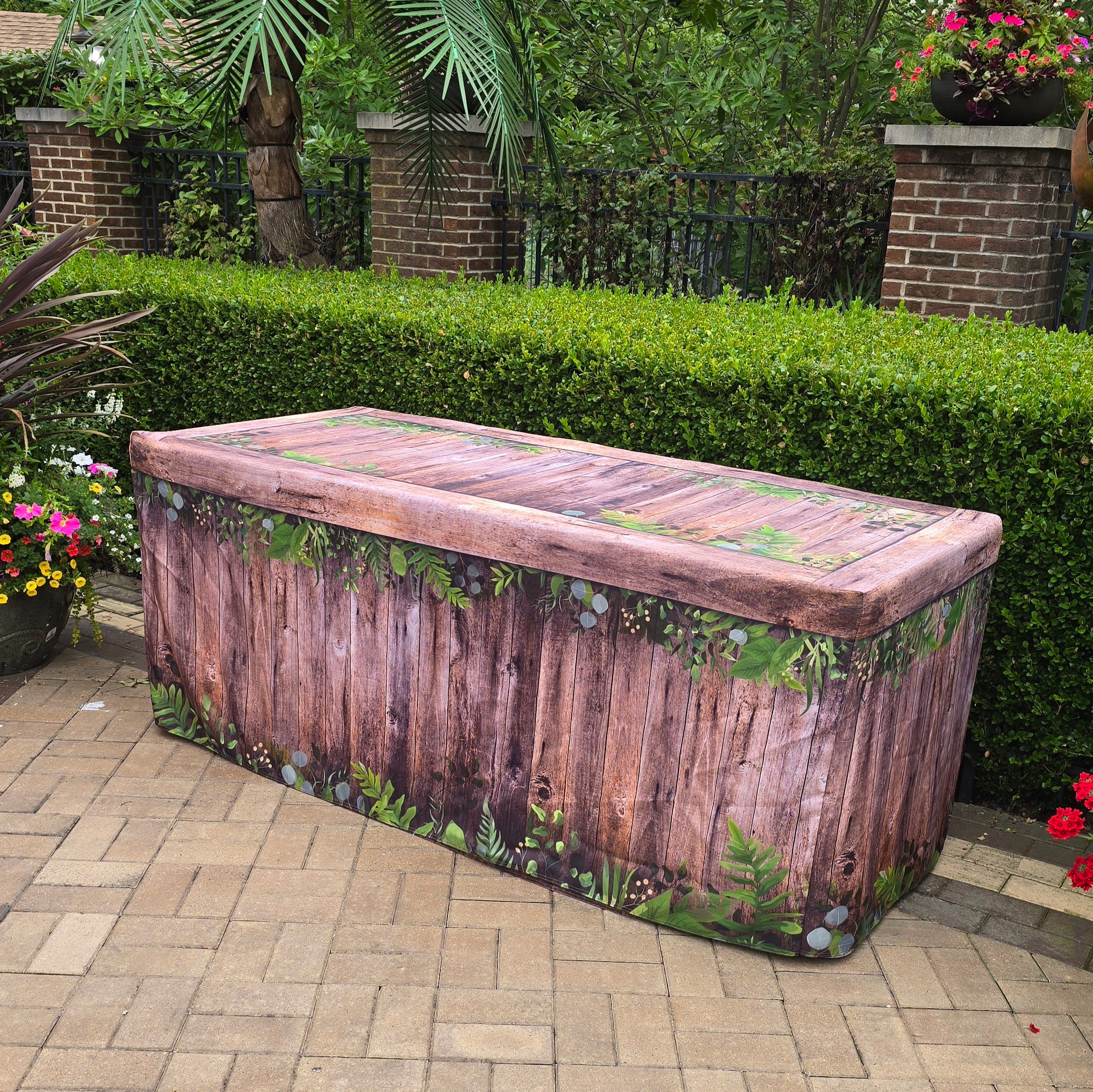 Rustic Oak Botanical fabric fitted table with a faux wood design for 4ft, 6ft and 8ft  folding tables for events.