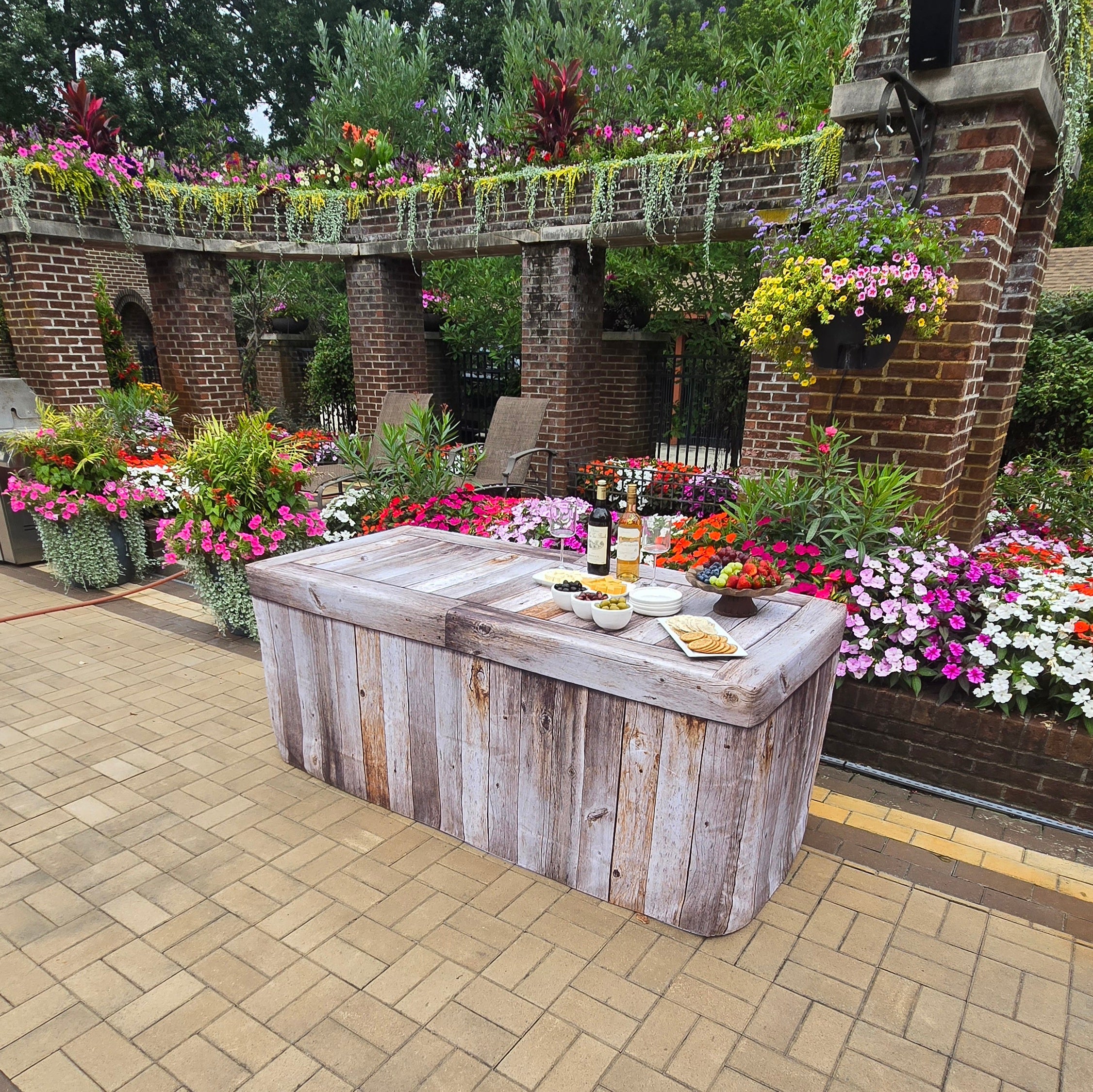 4ft, 6ft, or 8ft folding table covered with a custom printed table cover with a design that looks like real weathered wood.