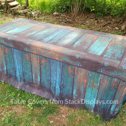 Teal Patina Fitted Table Covers that look like wood from Stack Displays