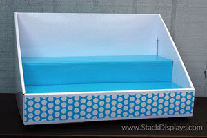 White Display with Blue Insert and Blue Polka Dot Design